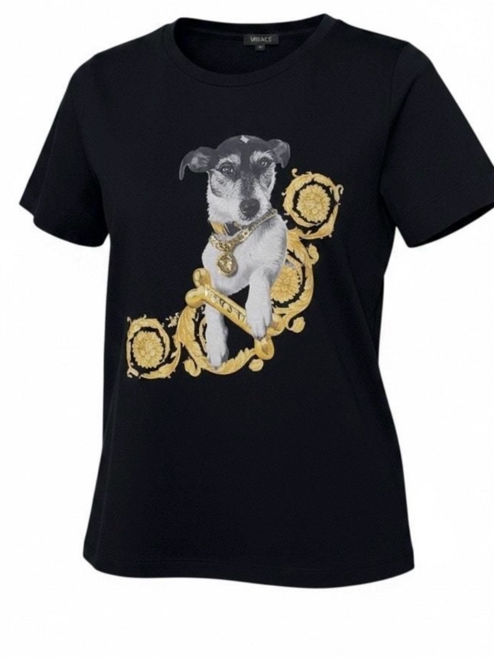 Versace “Audrey Capsule” Black Fitted Tee with Gold Foil of JRT Dog Size IT 38 - Picture 4 of 10